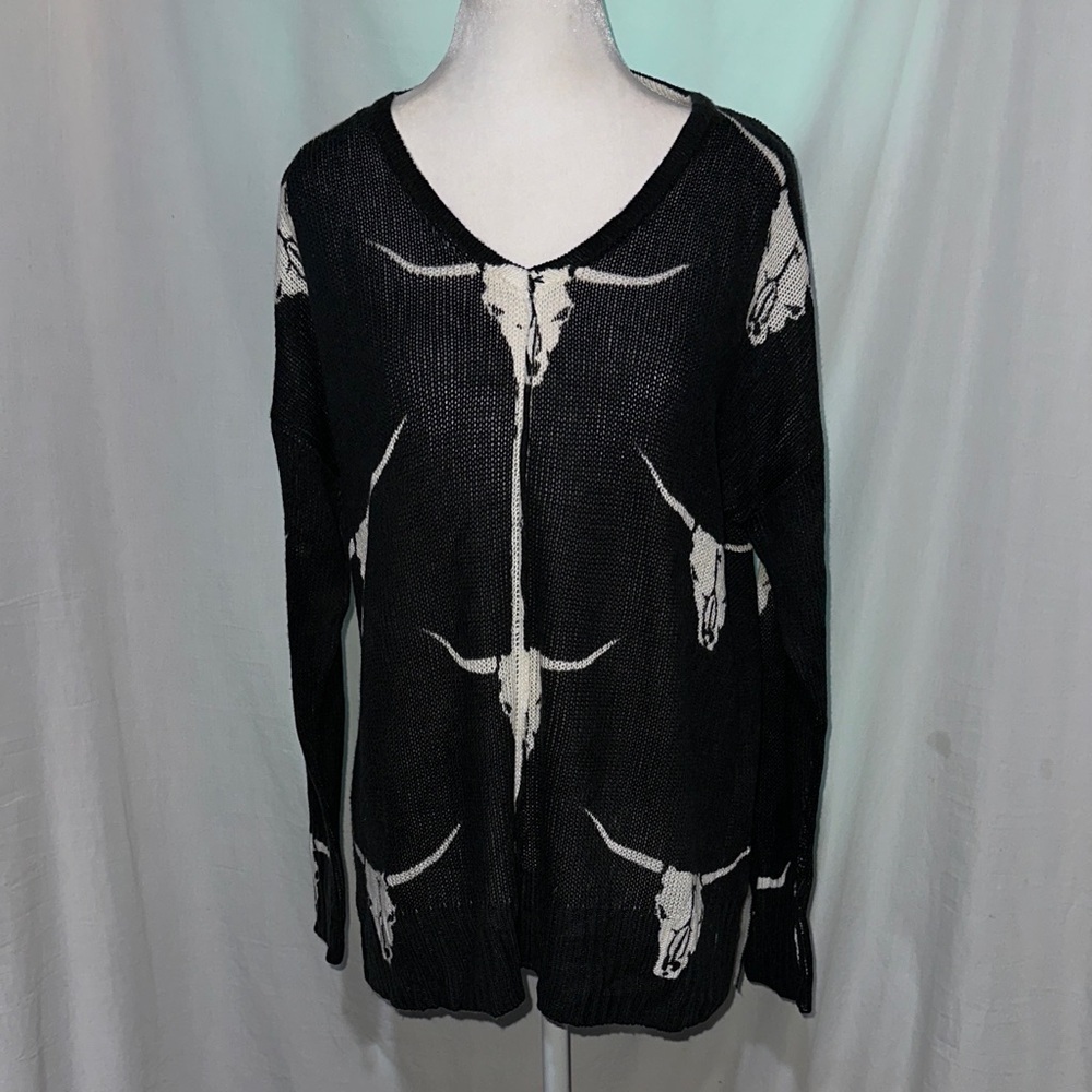Rock & Roll Denim Black Sweater with white Skull Design size xs